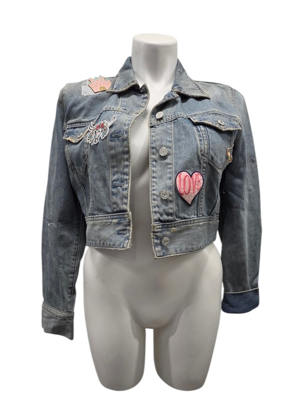 GAP Spring 04 Size Large Light Blue Cropped Denim Jacket with Pink Patch Accents